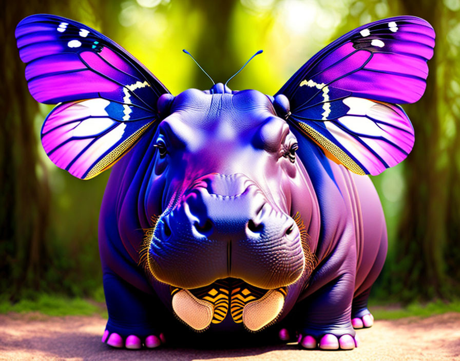 Colorful digital artwork: Hippopotamus with butterfly wings and antennae on green background