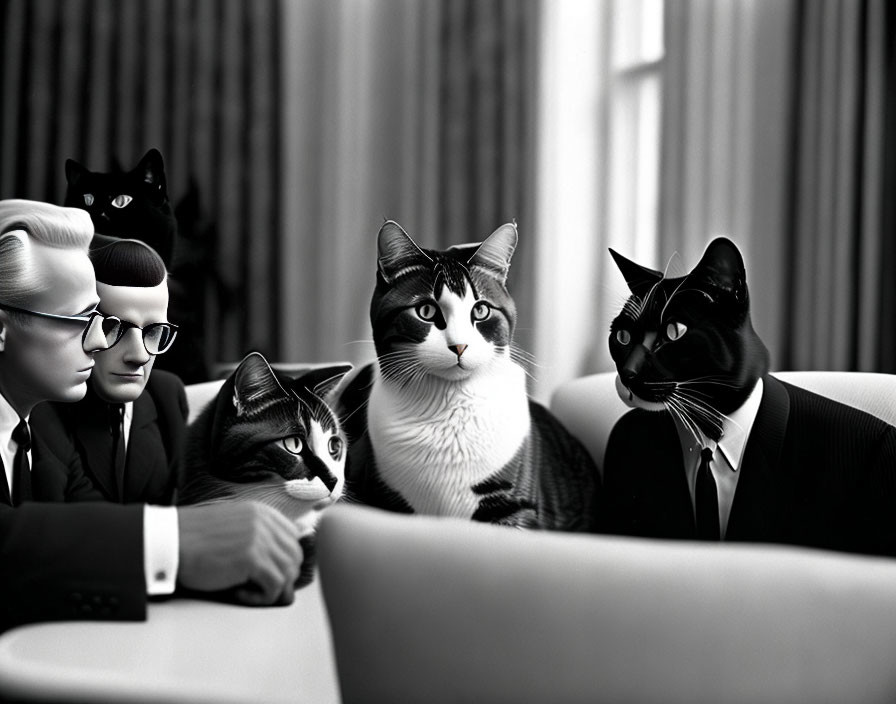 Monochrome image of cat-headed figures in suits at formal table