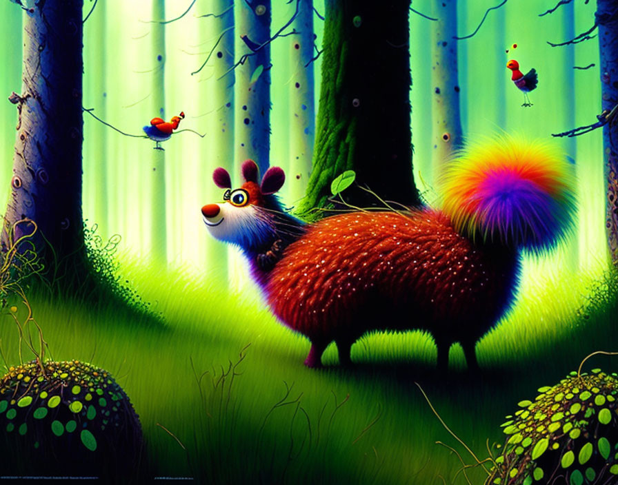 Colorful animated creature with rainbow tail in enchanted forest