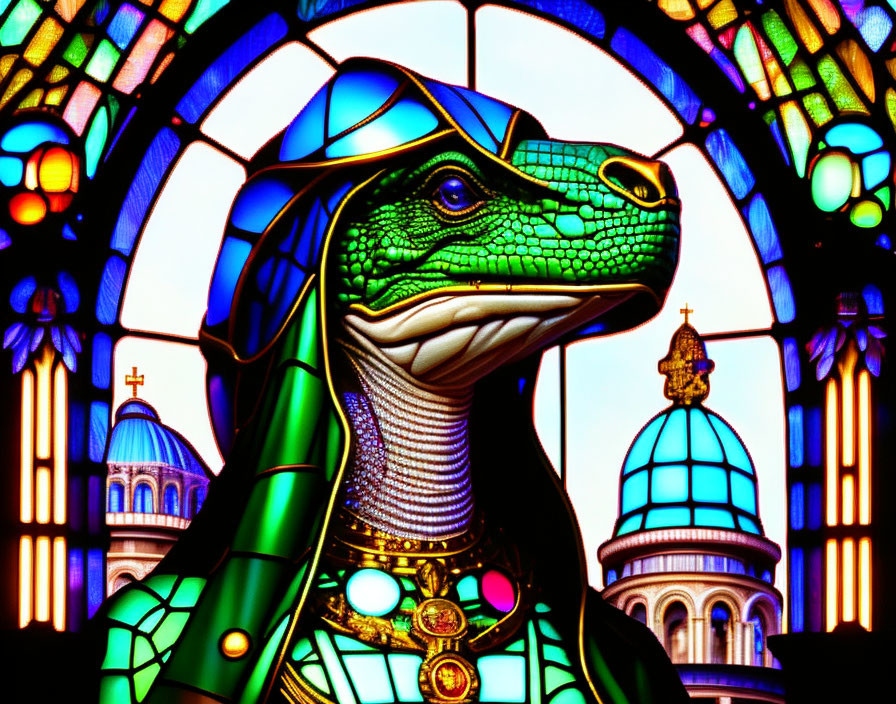 Vibrant Stained Glass Artwork: Dinosaur with Intricate Patterns