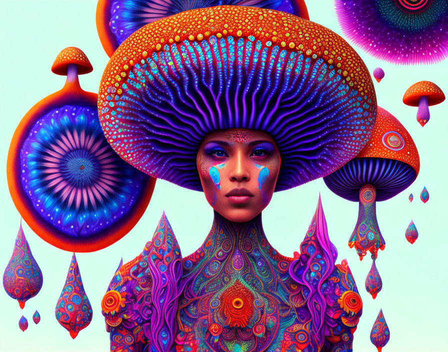 Colorful digital artwork: Person with mushroom cap hair in psychedelic setting