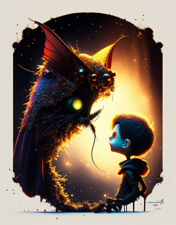 Silhouetted boy confronts fantastical creature under starry sky