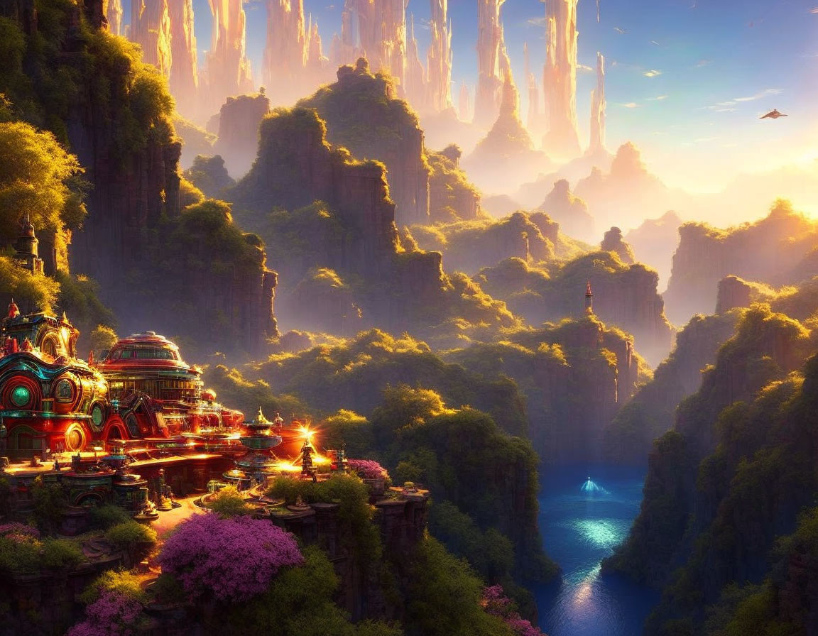 Majestic landscape with towering cliffs, river, lush forests, and ornate city