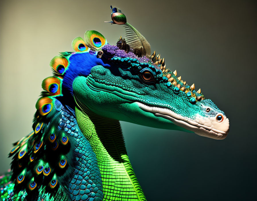 Peacock feathers merged with reptile head: vibrant colors, intricate patterns