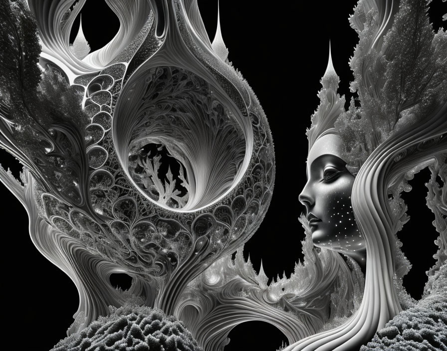 Monochrome fractal art of woman's profile with intricate organic patterns