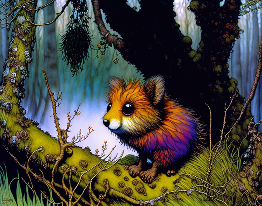 Colorful fluffy creature with wide eyes on mossy branch in enchanting forest