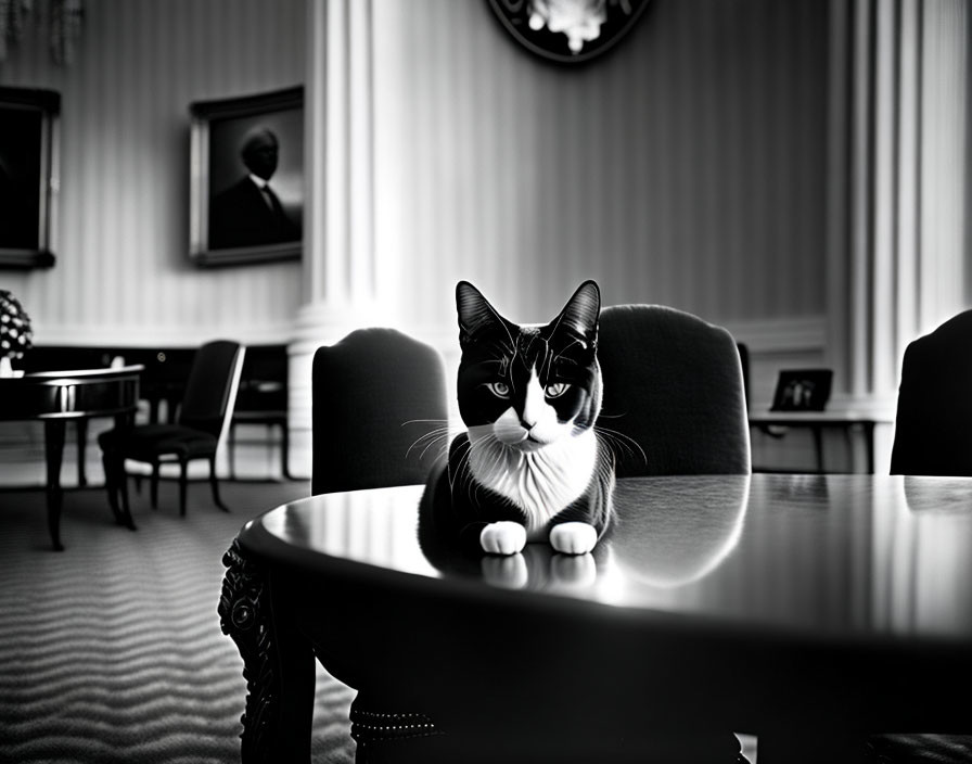 Black and white cat with unique facial markings in elegant room setting