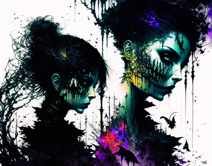 Abstract portrait of two women with dark splashes and tree branch patterns.