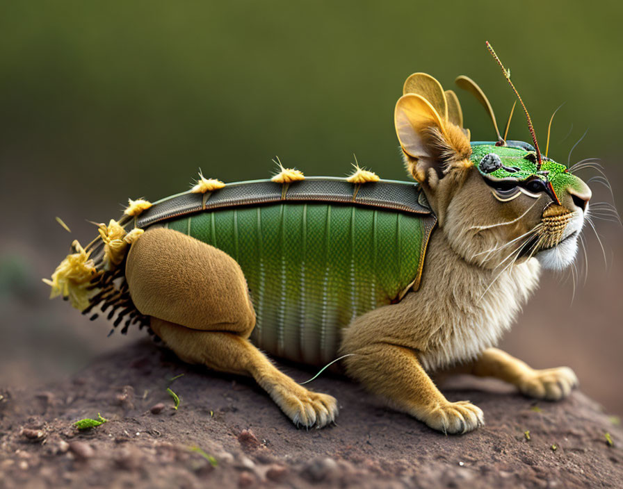 Surreal fusion of feline and insect with beetle body and lion head