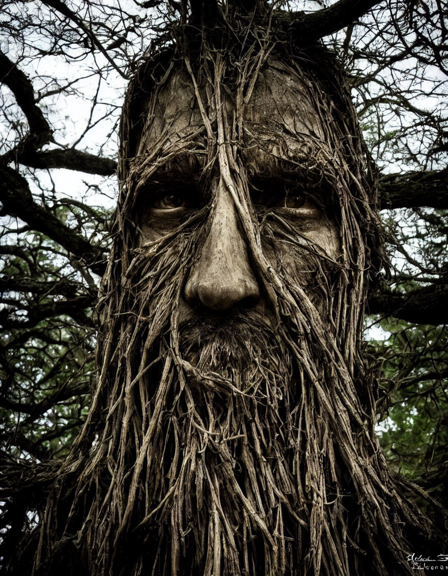 Human face with tree bark textures merging into branches.