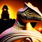 Regal anthropomorphic reptilian in sunset scene with futuristic tower