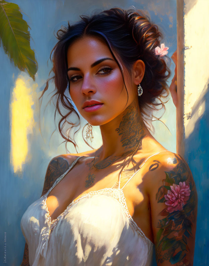 Tattooed woman in white dress leaning against wall with foliage and sunlight