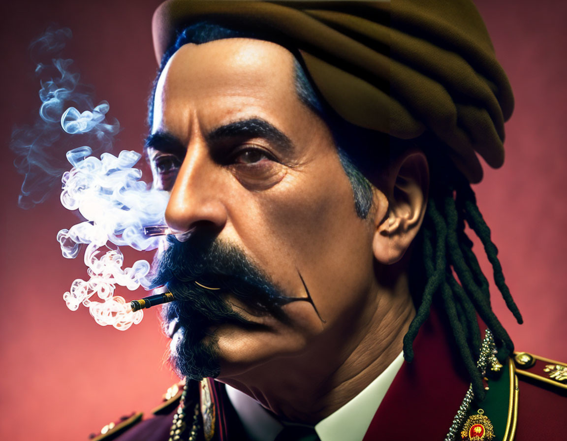 Portrait of a man in turban and military attire smoking pipe on red background