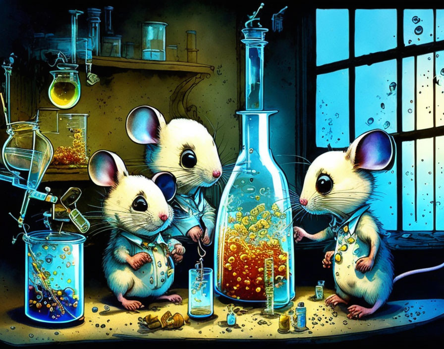 Cartoon mice in laboratory conducting colorful experiment