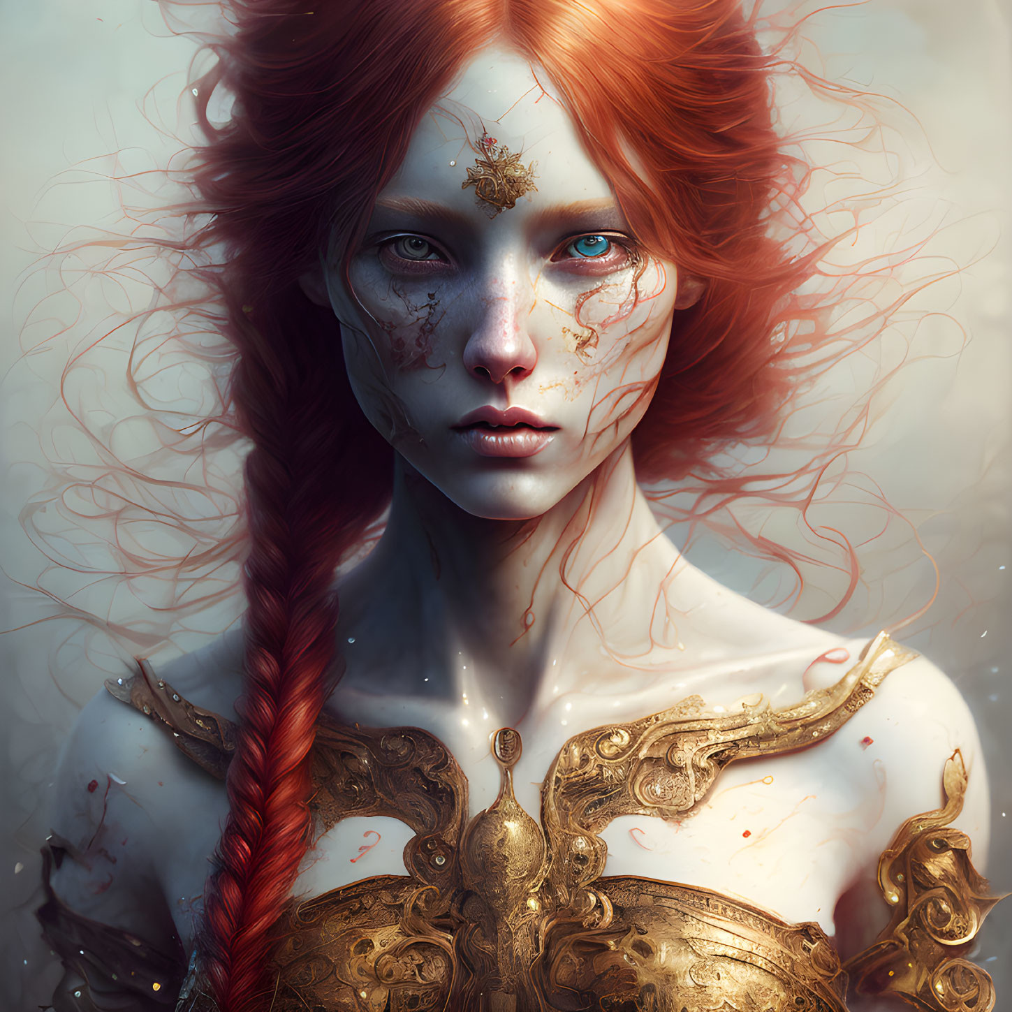 Fantasy portrait of woman: blue eyes, red hair, gold armor, intricate face markings