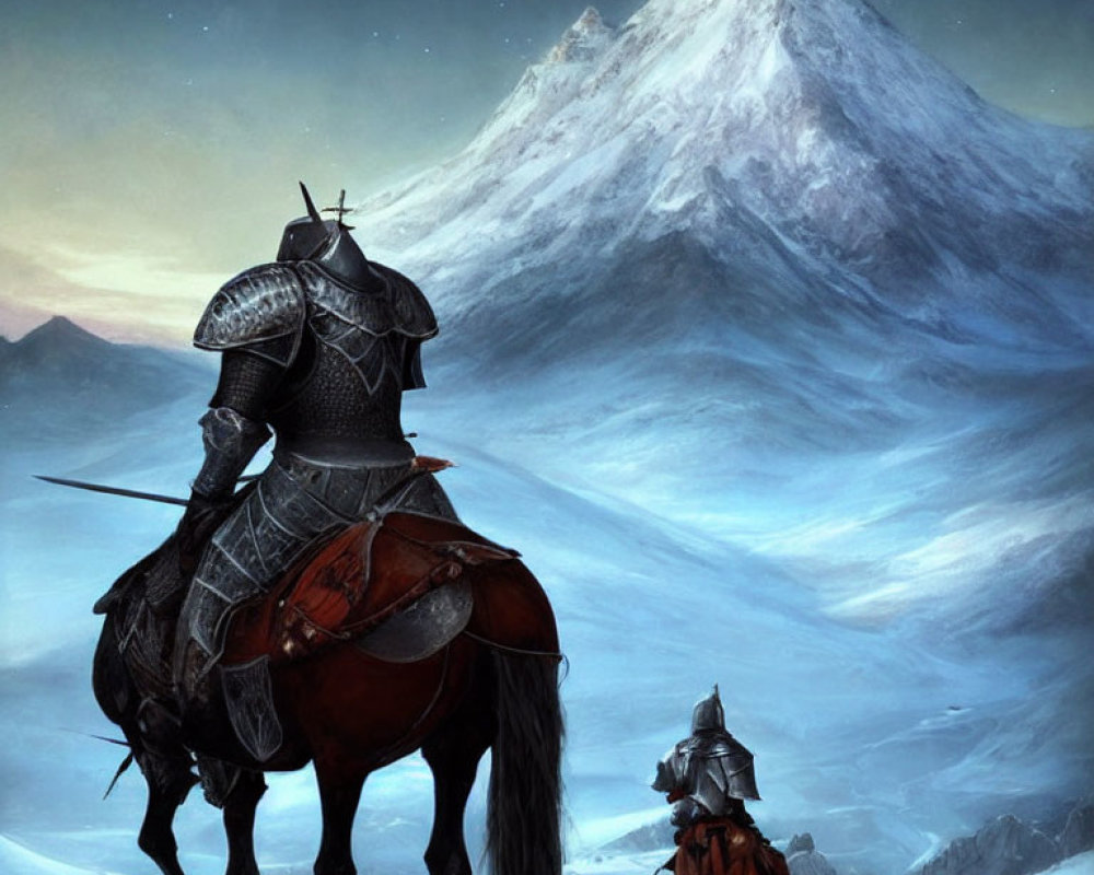 Armored knights on horseback near snowy mountain peak at twilight