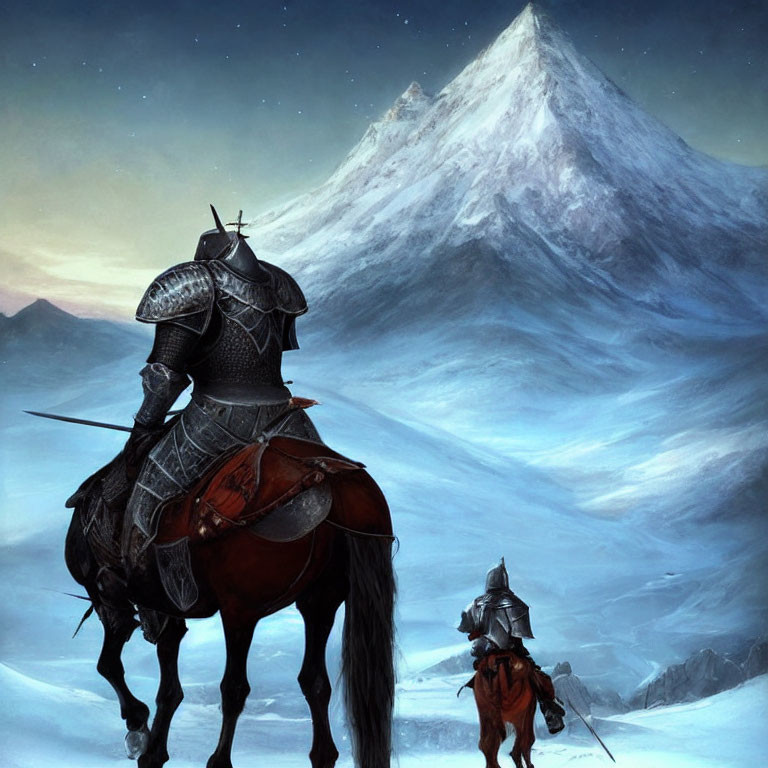 Armored knights on horseback near snowy mountain peak at twilight