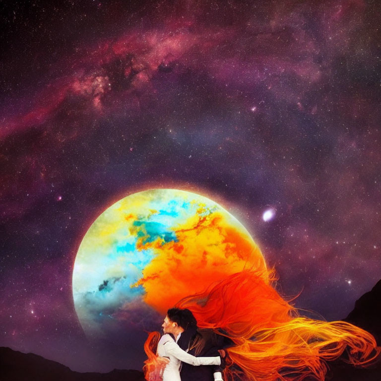 Couple Embraces Under Surreal Sky with Colorful Planet and Cosmos