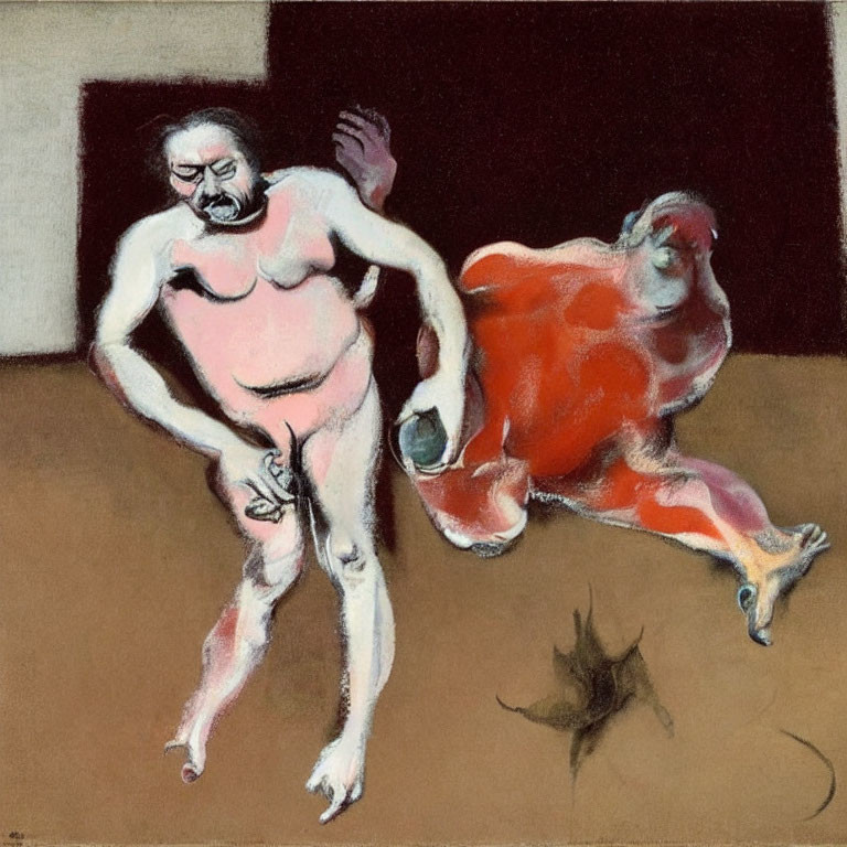 Stylized painting of two corpulent figures in motion