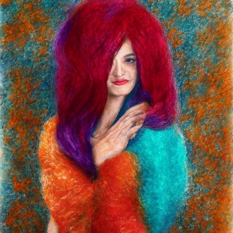 Colorful portrait of person with vibrant red and purple hairstyle and orange top