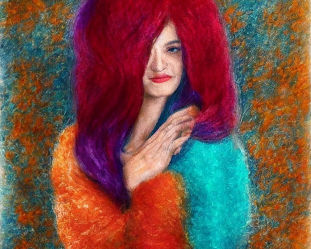 Colorful portrait of person with vibrant red and purple hairstyle and orange top