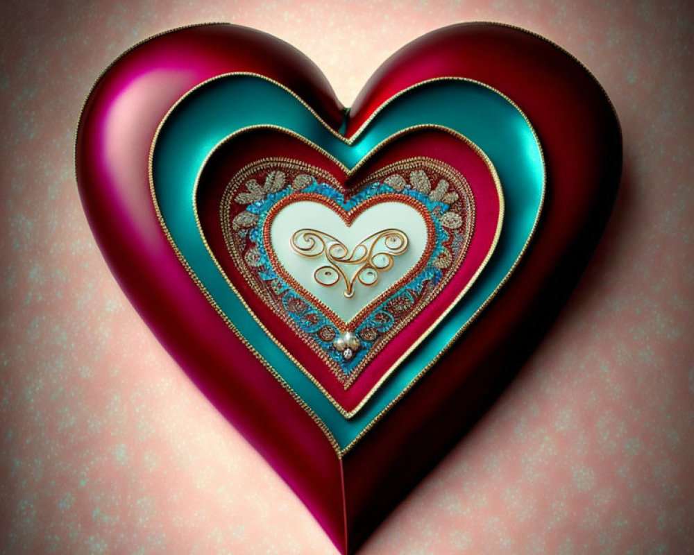 Multilayered heart with ornate patterns in red, blue, and gold on textured pink background