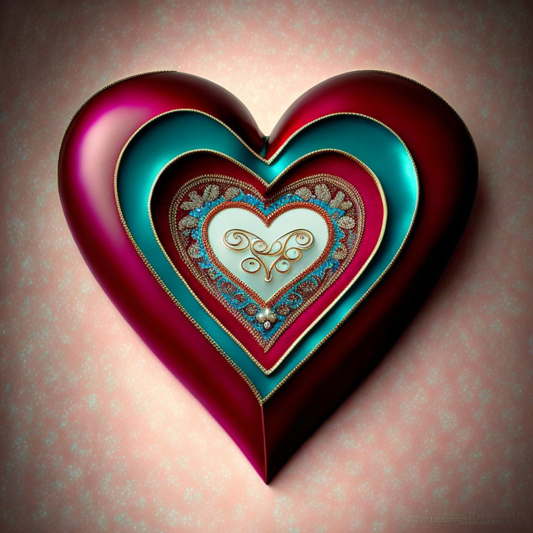 Multilayered heart with ornate patterns in red, blue, and gold on textured pink background