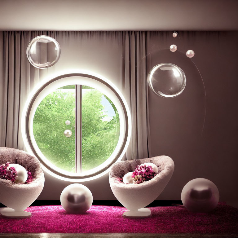 Contemporary Room with Round Window, Spherical Chairs, Pink Cushions, Orb Decor, and Outdoor