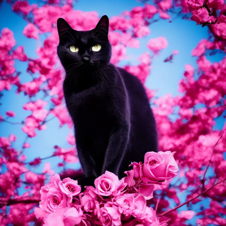 Black Cat with Yellow Eyes Among Pink Roses on Blue Background