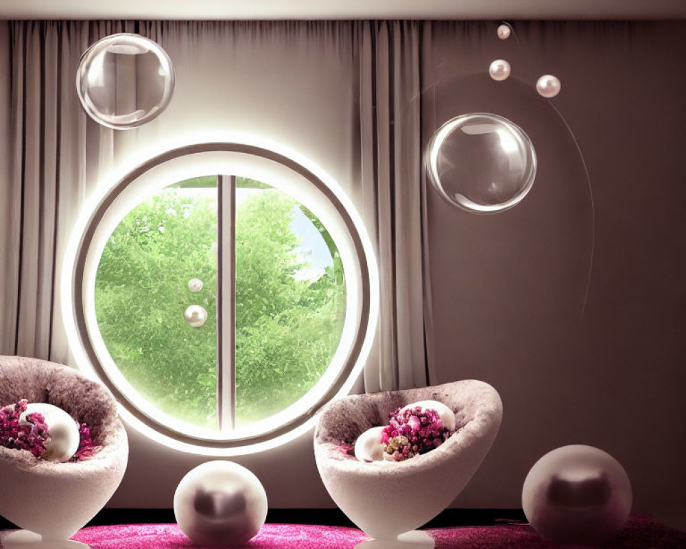 Contemporary Room with Round Window, Spherical Chairs, Pink Cushions, Orb Decor, and Outdoor