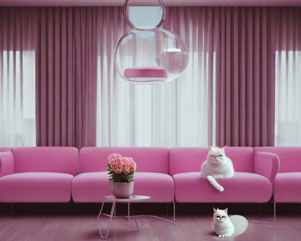 Chic Room with Pink Sofas, Bubble Chair, White Cats