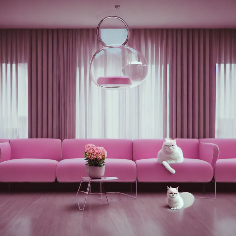 Chic Room with Pink Sofas, Bubble Chair, White Cats