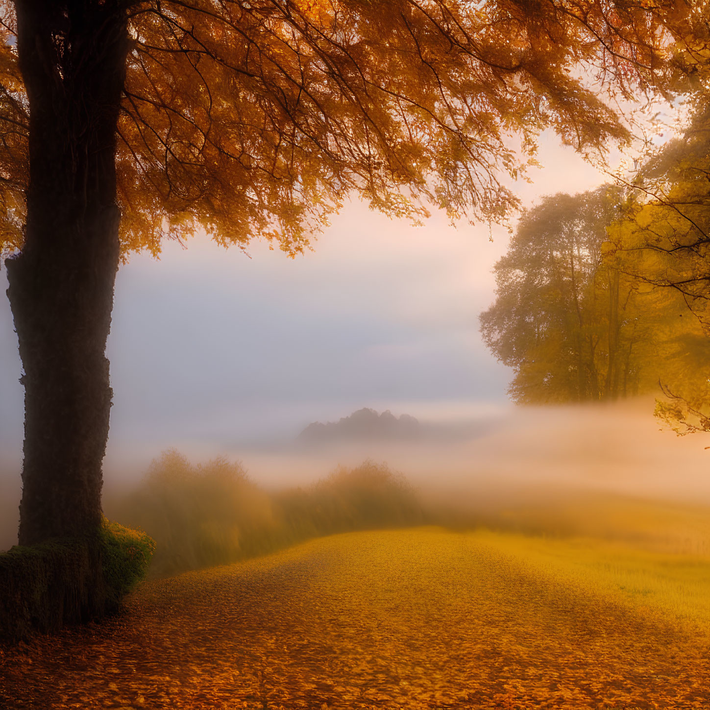 Tranquil autumn landscape with foggy sunrise and tree-lined path