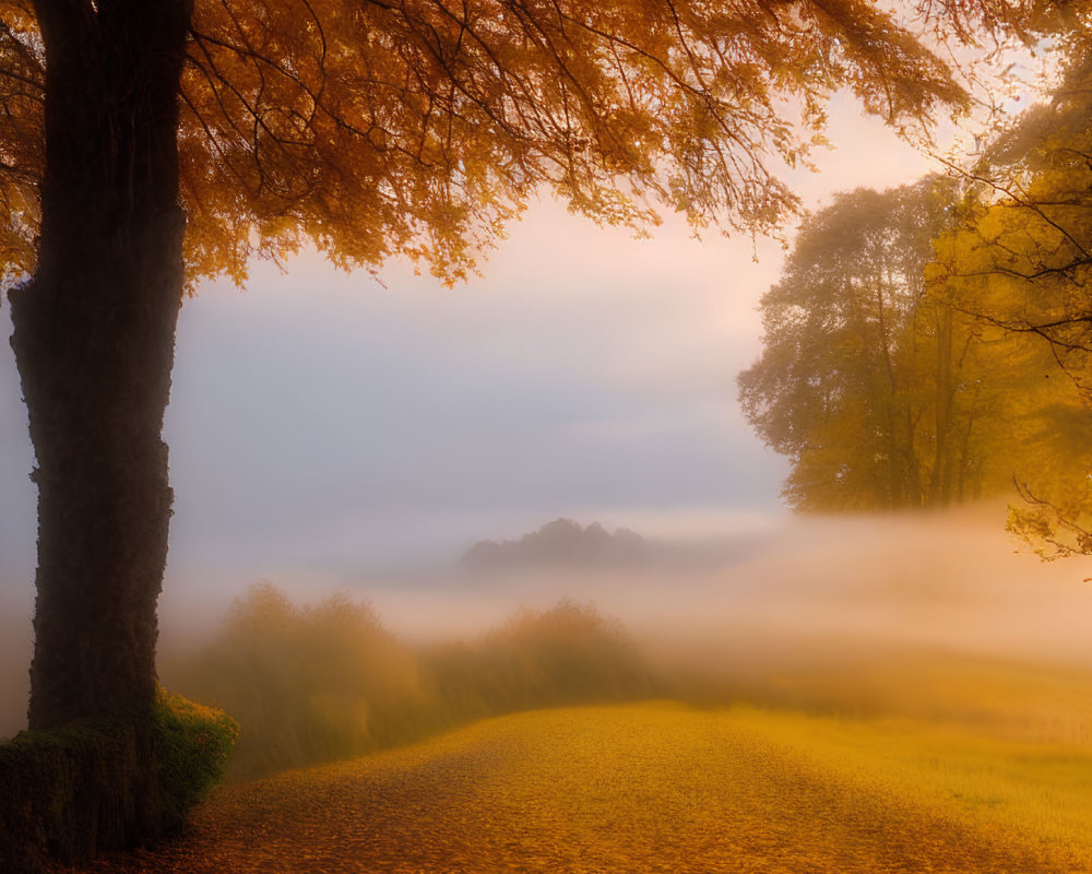 Tranquil autumn landscape with foggy sunrise and tree-lined path