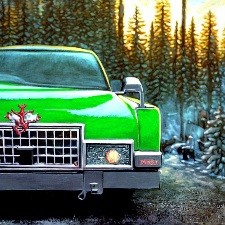 Vintage green car with red ornament in forest setting among tall pine trees