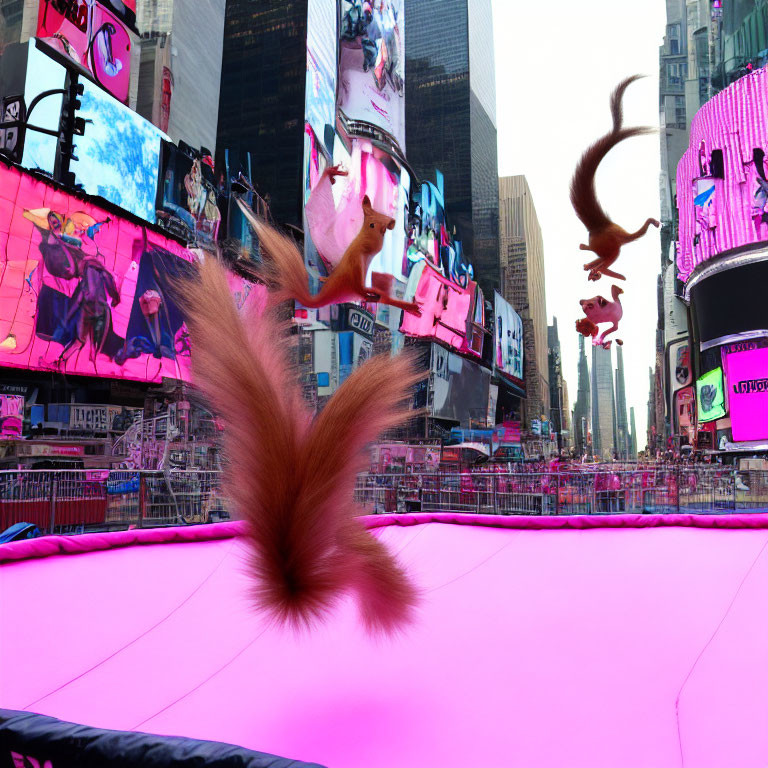 Squirrels on pink surface with Times Square billboards.