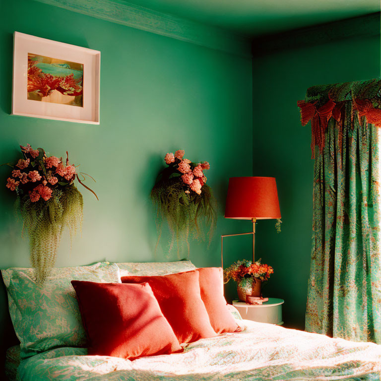 Green-walled bedroom with red accents and floral decor