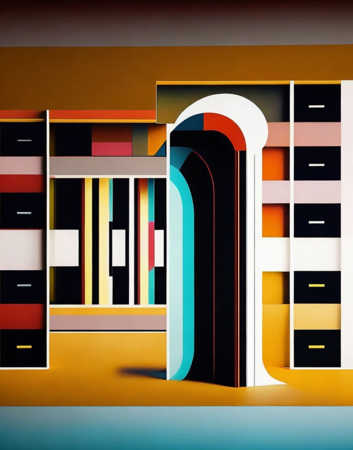 Colorful geometric art with rectangles, arches, and shadows