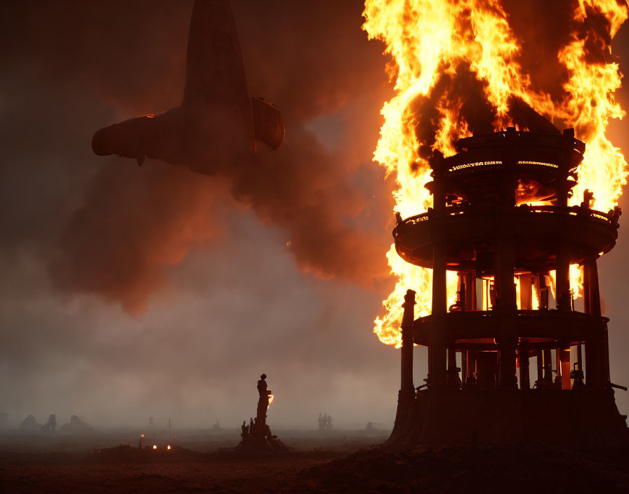 Blazing inferno engulfs tower with silhouette and aircraft in smoky dystopian scene