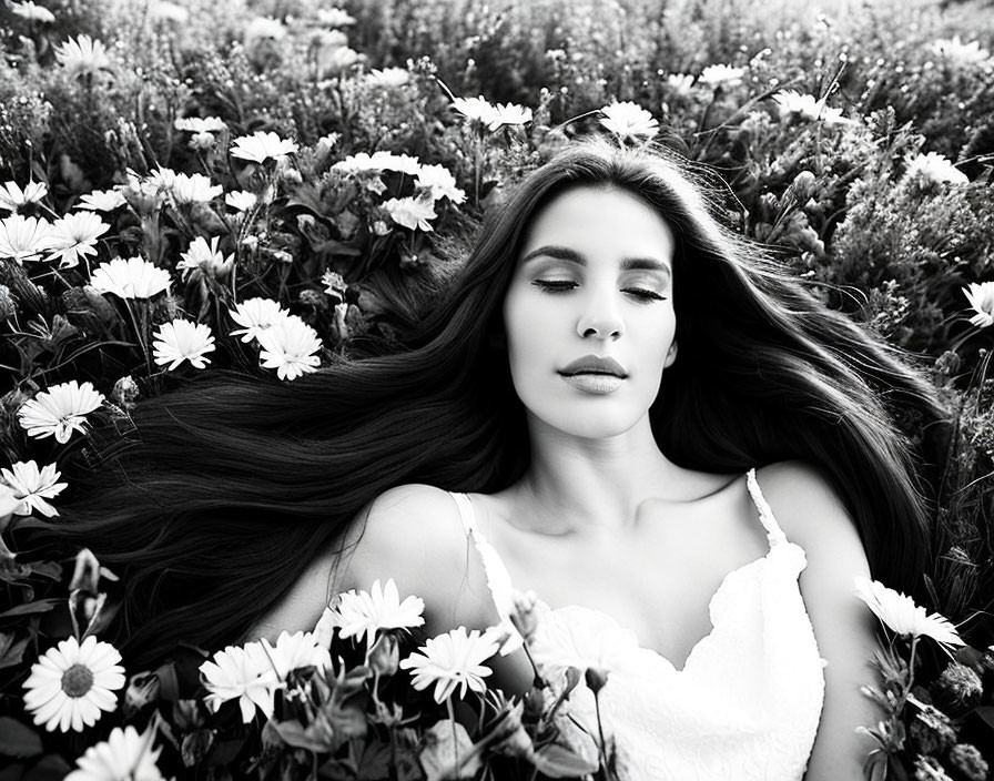 Woman with Long Hair Lying Among White Flowers in Serene Black and White Photo