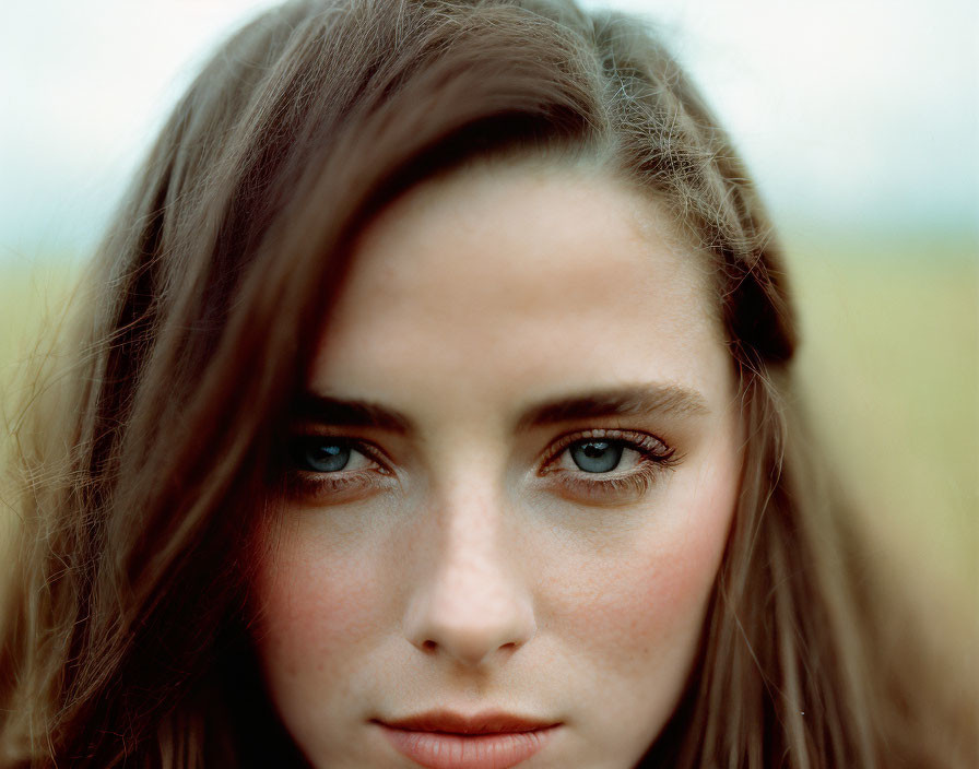 Woman with deep blue eyes and tousled brunette hair in close-up shot against natural background