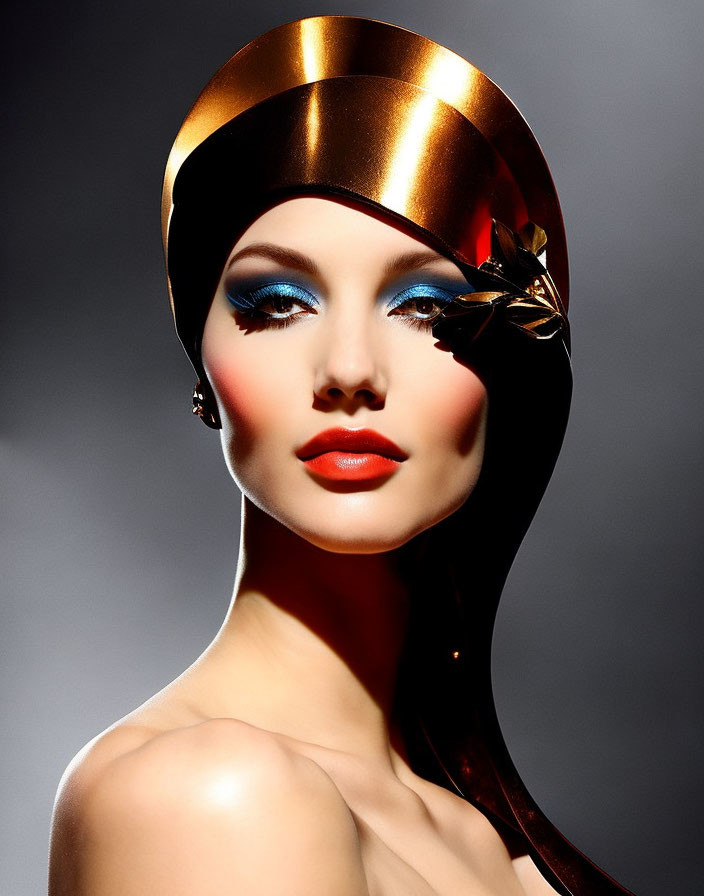 Woman with Bold Blue Eyeshadow and Red Lipstick in Metallic Headpiece