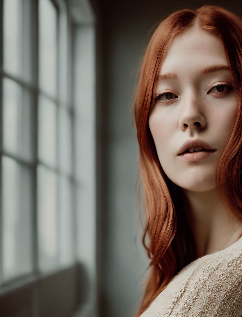 Red-haired woman gazes thoughtfully in soft light by large windows