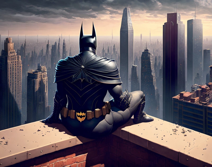 Superhero overlooking gothic cityscape at dusk