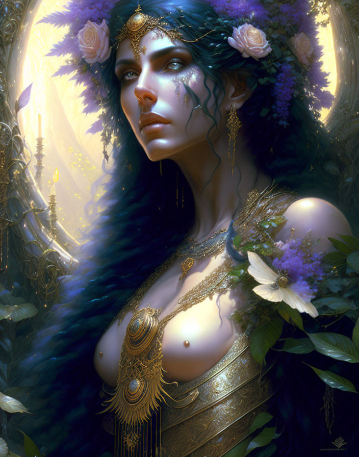 Ethereal woman with greenery, purple flowers, and golden jewelry.