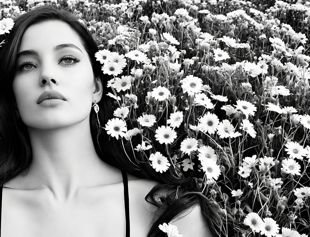 Monochrome image: Woman with dark hair in daisy field