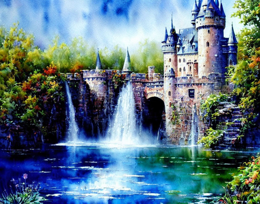 Colorful Fairytale Castle Painting Above Waterfall and Lake