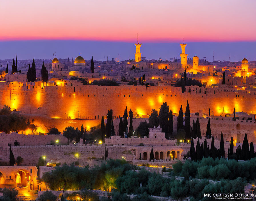 Scenic Dusk View of Illuminated Old City Walls