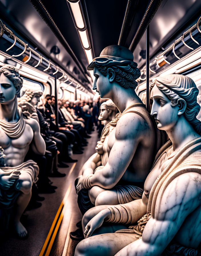 Seated Classical Greek sculptures blend with modern commuters in subway