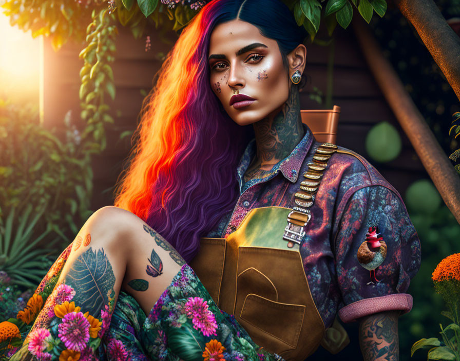 Colorful illustration of woman with rainbow hair and tattoos in steampunk attire amidst lush flowers